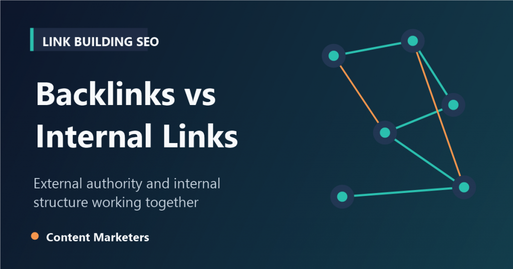 Comparison graphic explaining backlinks versus internal links for SEO strategy